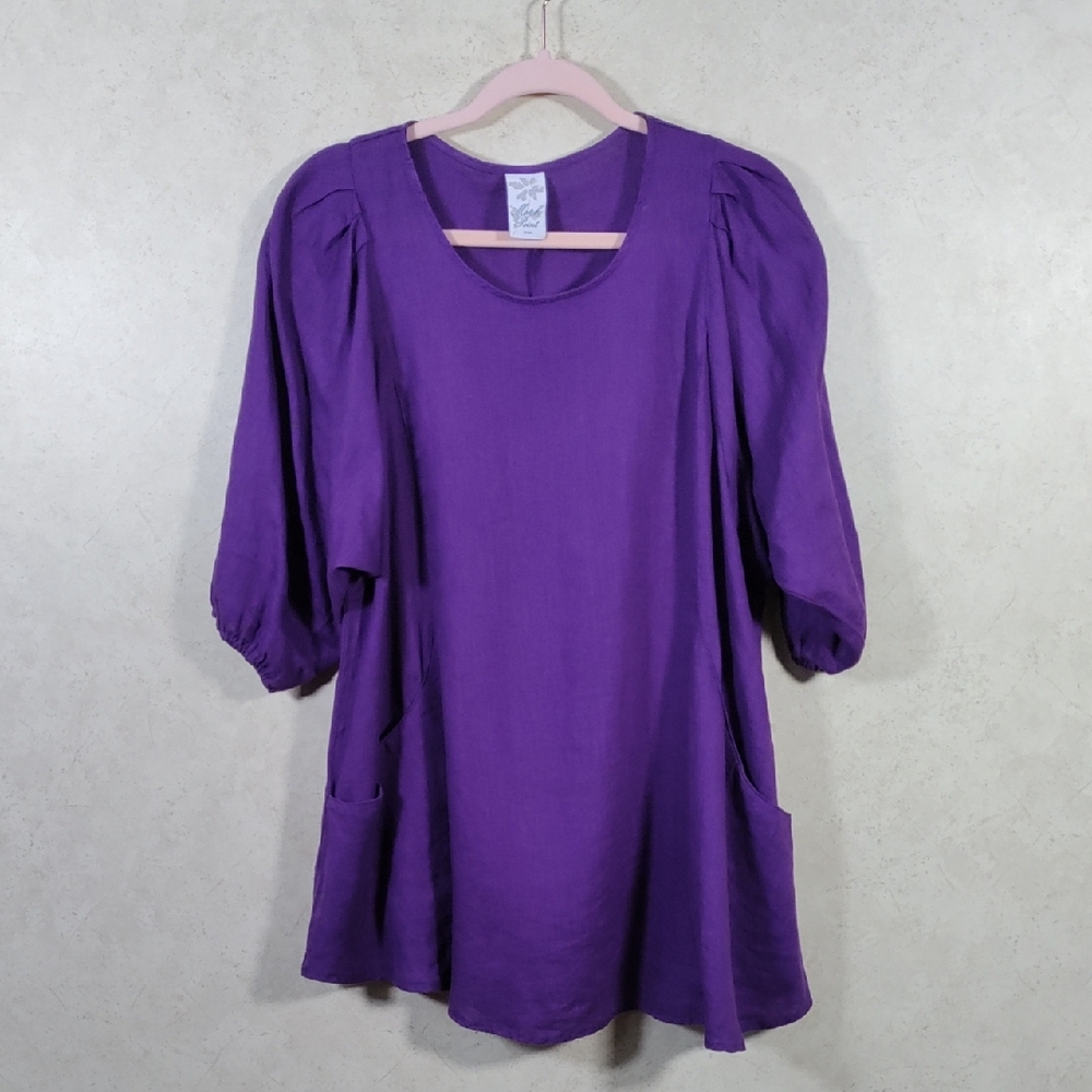 6126 Match Point purple linen oversized puffy sleeve tunic blouse S